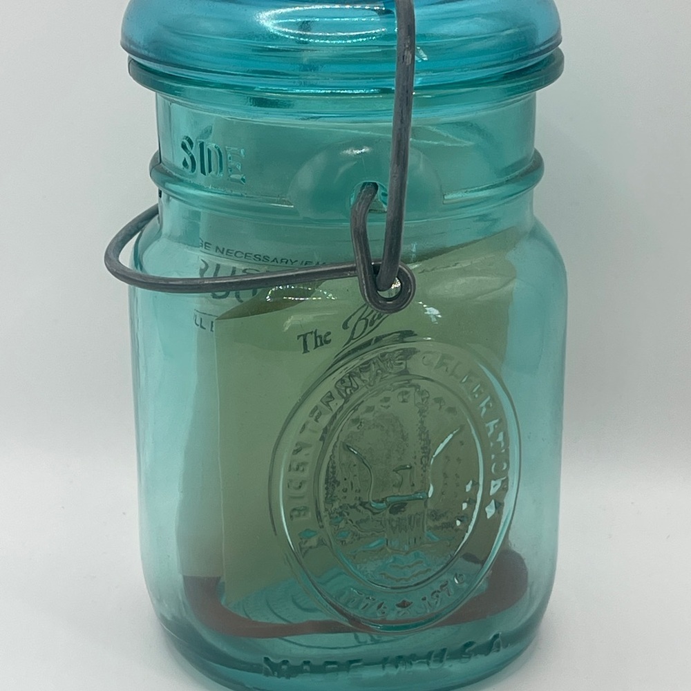 Vintage bicentennial 1976 Blue Glass Mason Pint Jar Original Seal & Advert - Picture 2 of 6